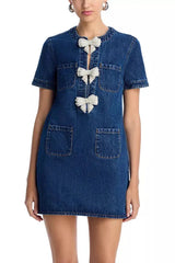 Embellished Denim Mini Dress in Blue
