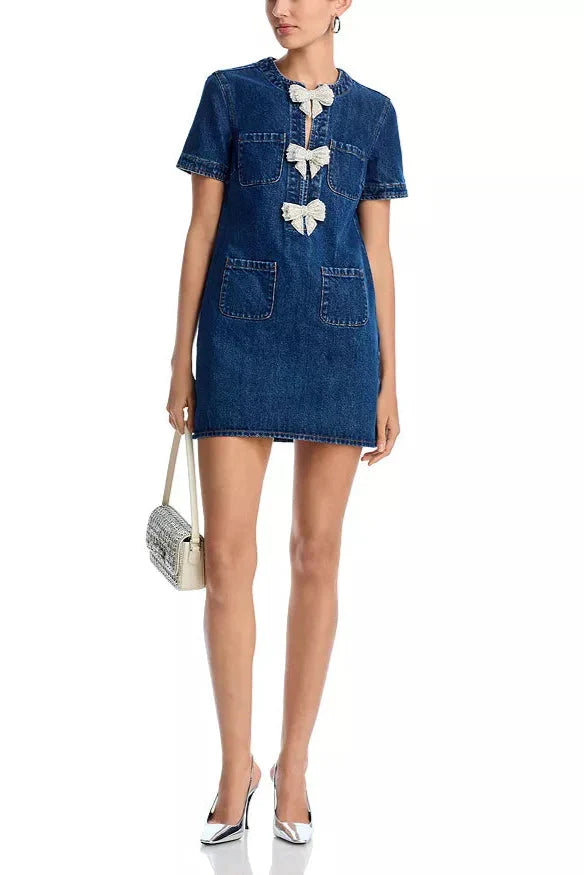 Embellished Denim Mini Dress in Blue