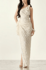 Blair One Shoulder 3D Floral Ruched Textured Lace Evening Dress