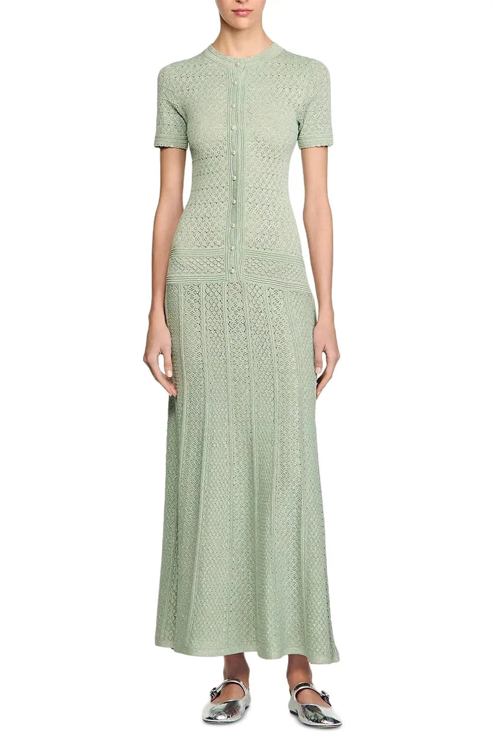 Hollow Knit Maxi Dress in Almond Green