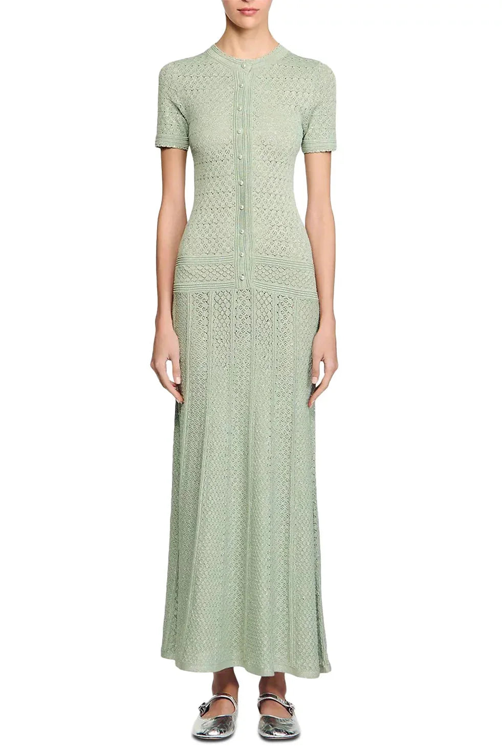 Hollow Knit Maxi Dress in Almond Green