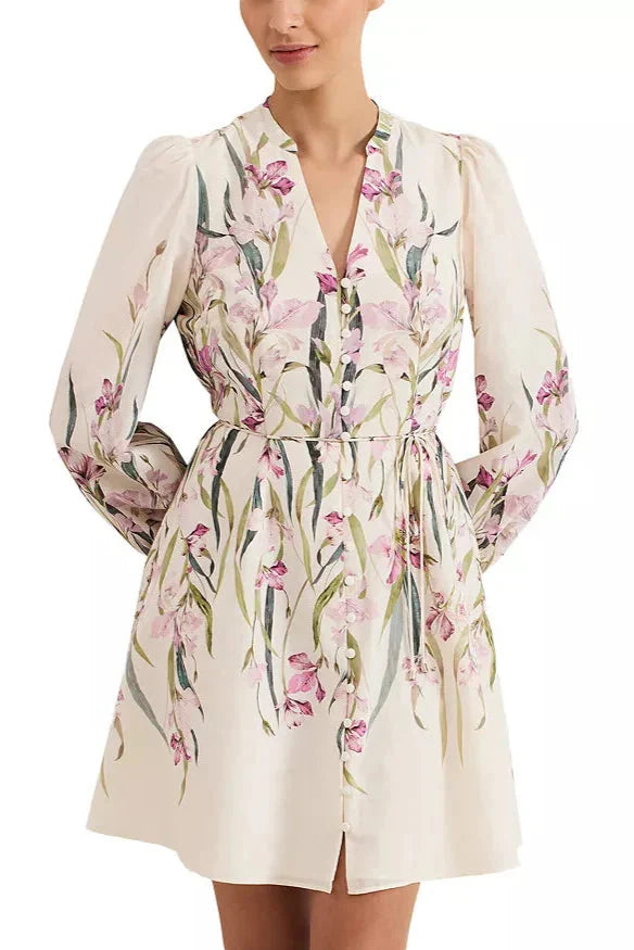 Floral Print Blouson Sleeve Mini Dress in Ivory