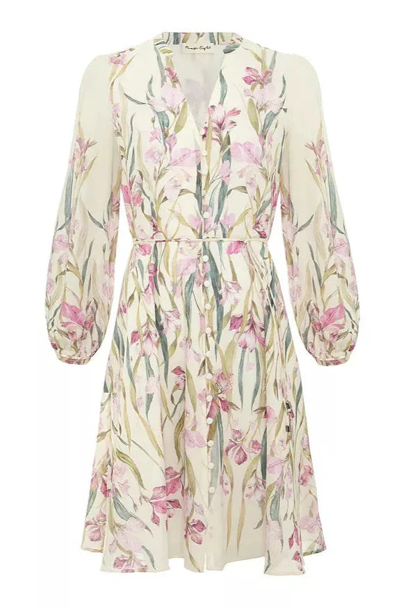 Floral Print Blouson Sleeve Mini Dress in Ivory
