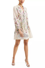 Floral Print Blouson Sleeve Mini Dress in Ivory