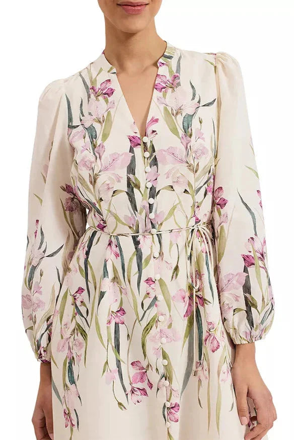 Floral Print Blouson Sleeve Mini Dress in Ivory