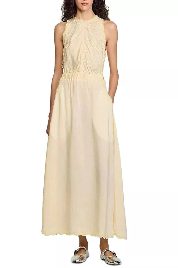 Sleeveless Lace Detail Maxi Dress in Light Yellow