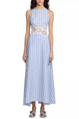 Hollow Lace Trim Maxi Dress in Blue