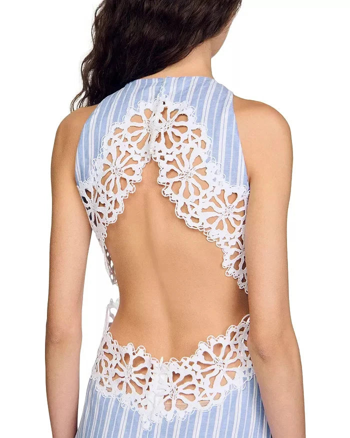 Hollow Lace Trim Maxi Dress in Blue