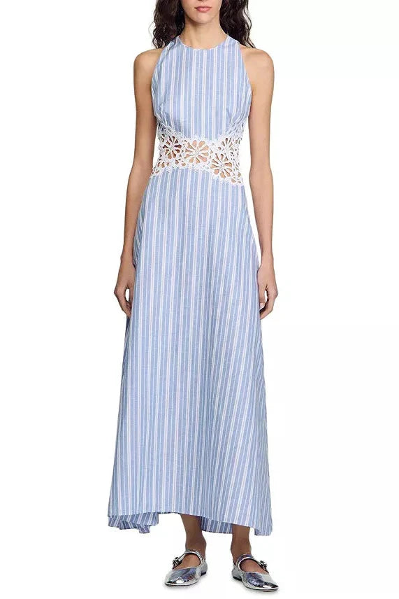 Hollow Lace Trim Maxi Dress in Blue