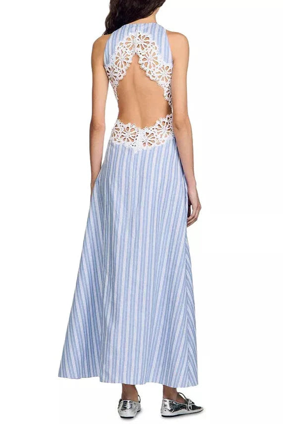 Hollow Lace Trim Maxi Dress in Blue