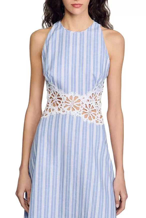 Hollow Lace Trim Maxi Dress in Blue