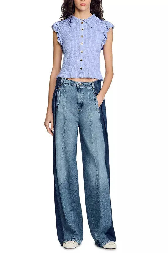 Satin Smocked Top in Sky Blue