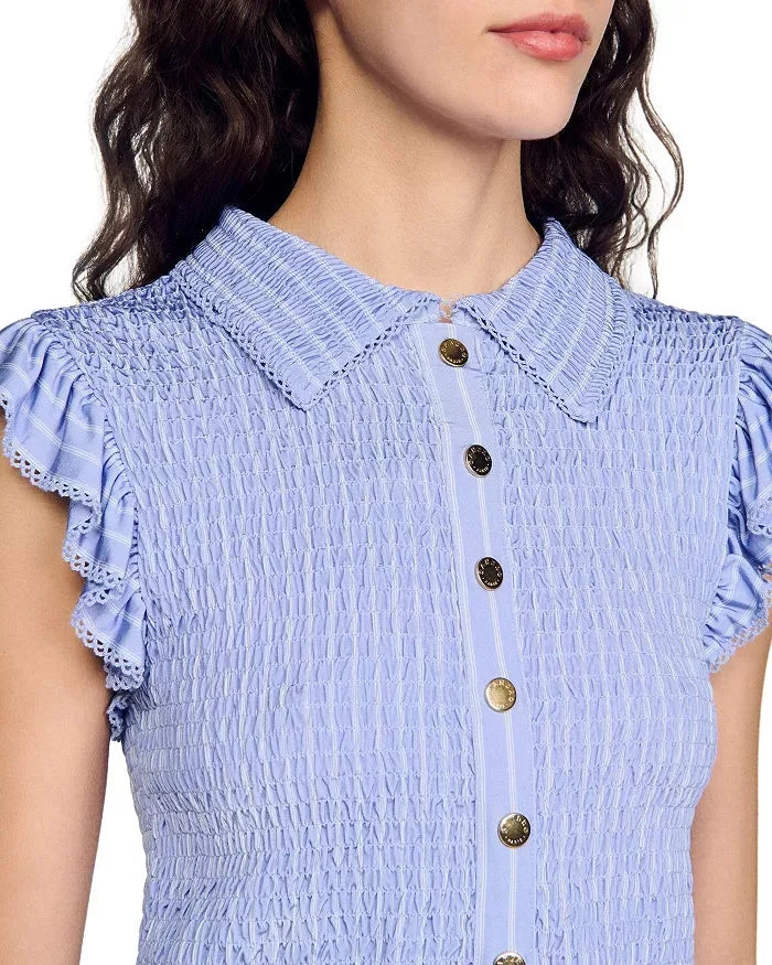 Satin Smocked Top in Sky Blue