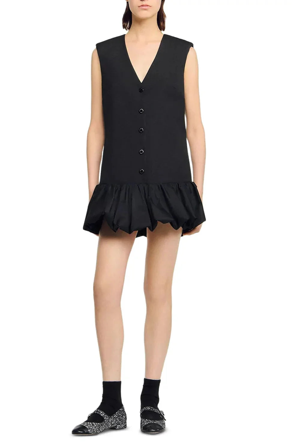 Button Front Bubble Hem mini Dress in Black