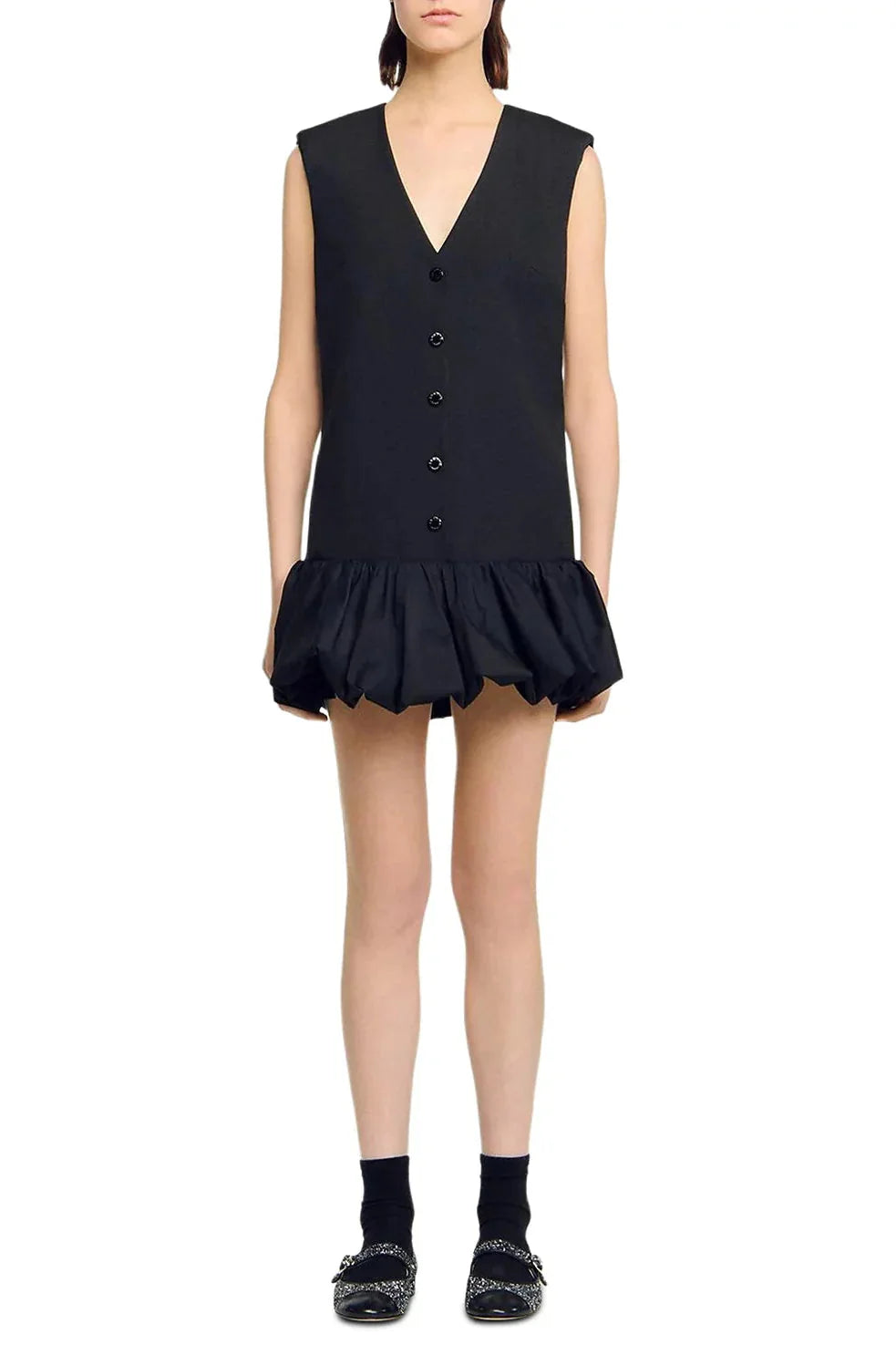 Button Front Bubble Hem mini Dress in Black