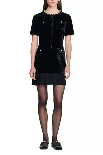Trim Patchwork Mini Dress in Black