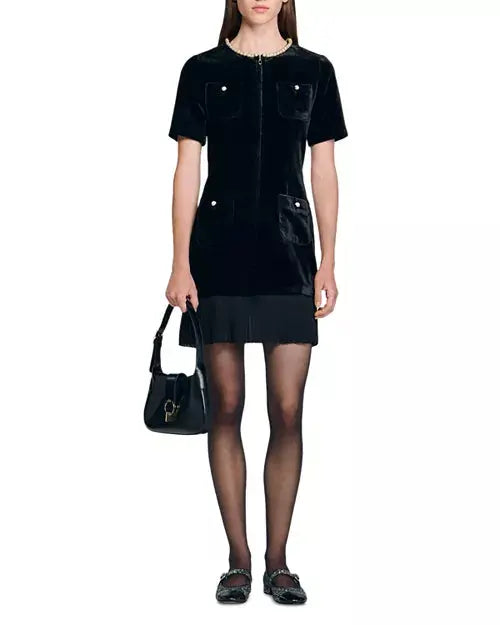 Trim Patchwork Mini Dress in Black