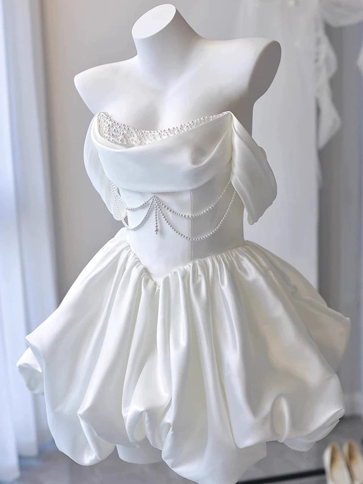 White Satin Off Shoulder Mini Dress