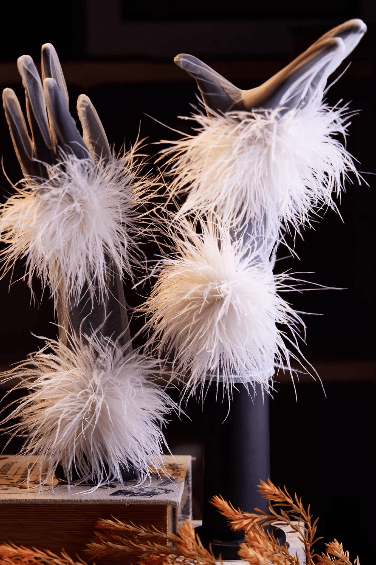 Fluffy Feather Decor Sheer Long Gloves