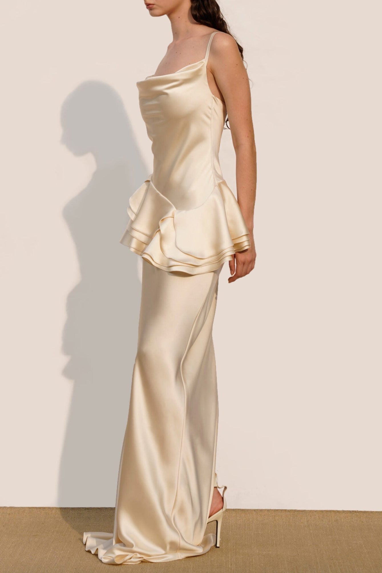 Splicing Ruffle Silk Maxi Dress in Apricot