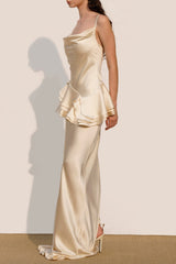 Splicing Ruffle Silk Maxi Dress in Apricot
