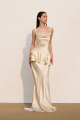 Splicing Ruffle Silk Maxi Dress in Apricot