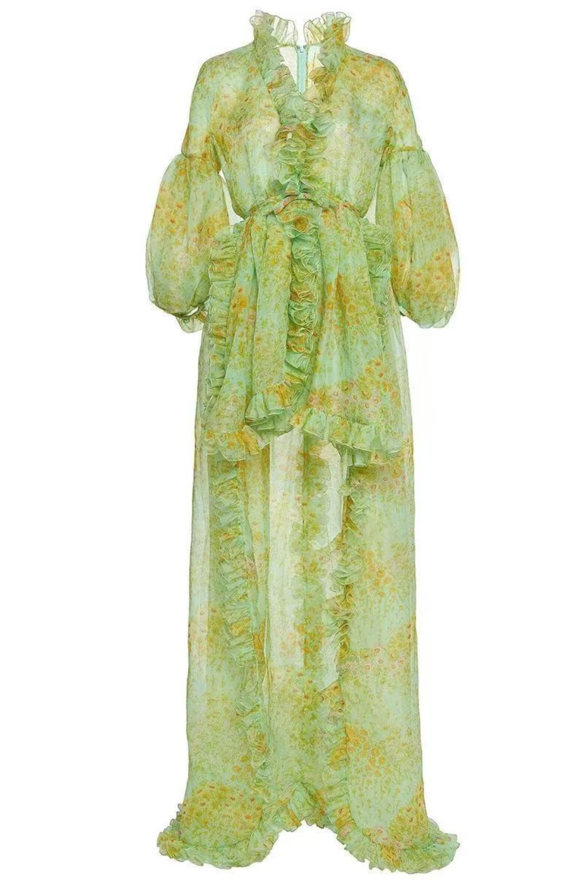 Green Watercolor Floral Ruffle Dress with Puff Sleeves