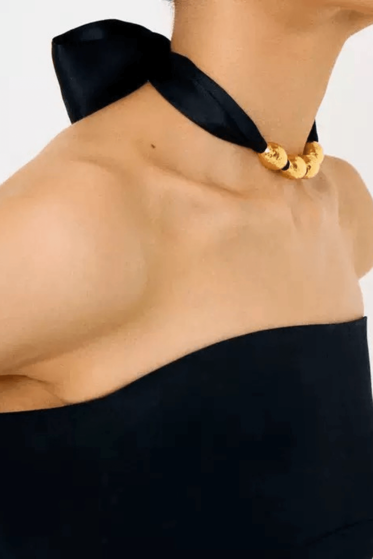 Black Ribbon Gold Bead Choker Necklace