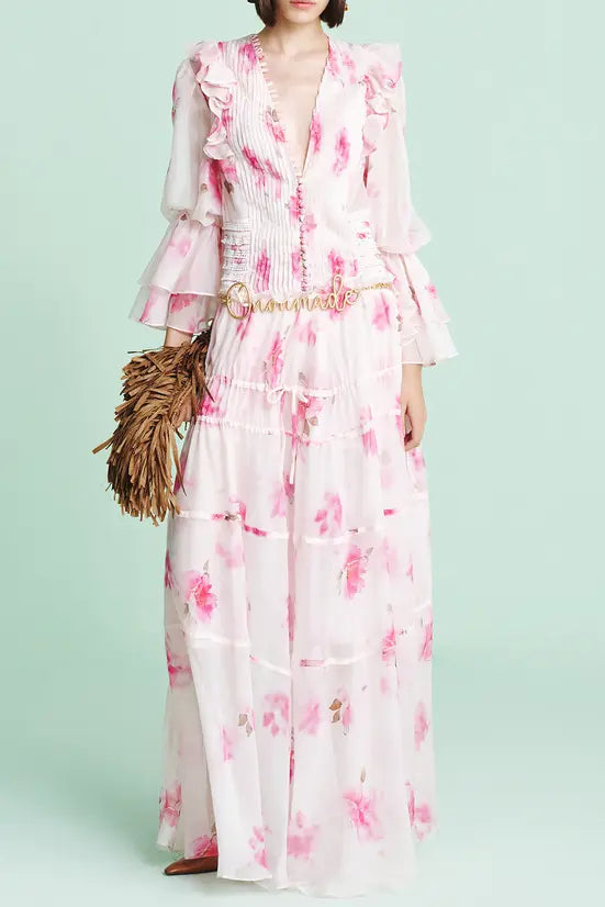 Pink V-Neck Floral Print Maxi Dress