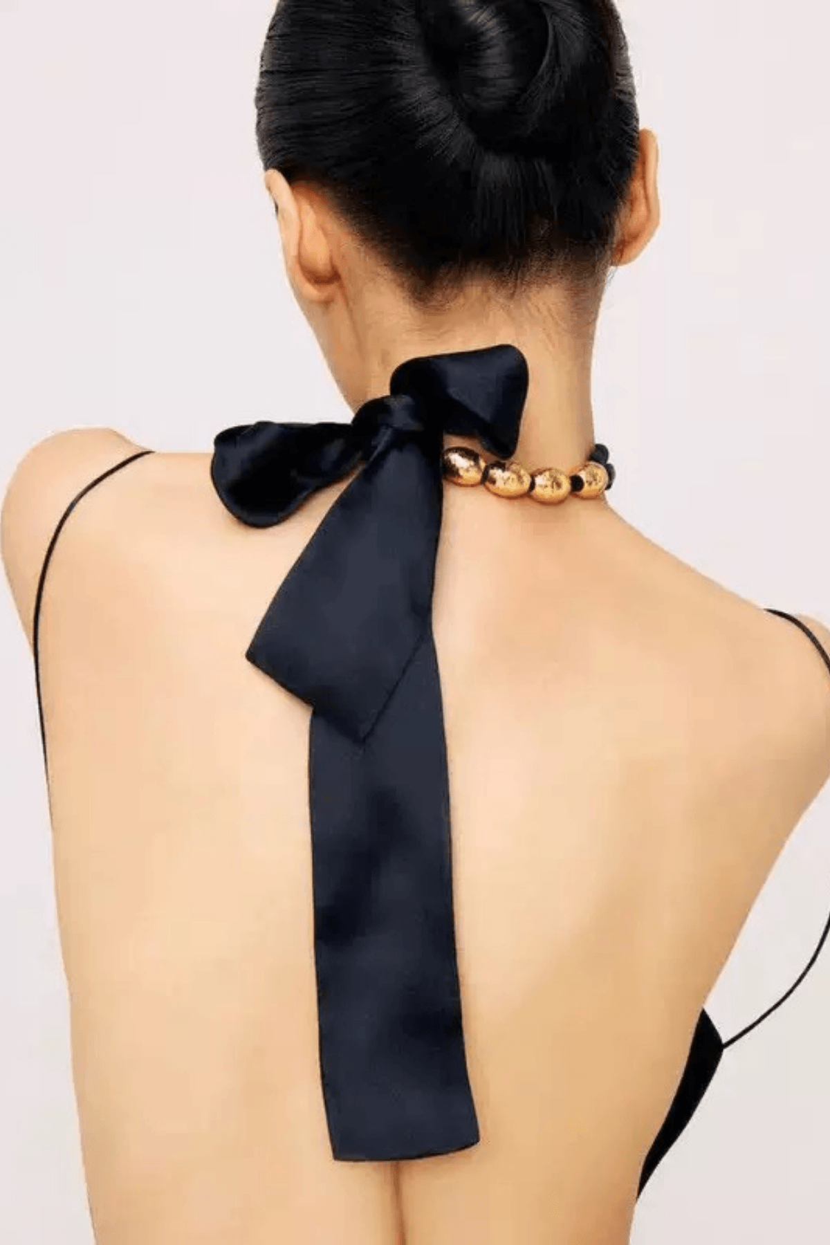 Black Ribbon Gold Bead Choker Necklace