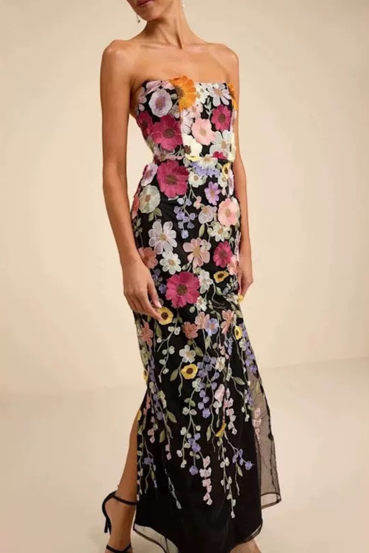 Black 3D Floral Embroidered Dress