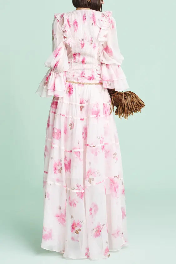 Pink V-Neck Floral Print Maxi Dress