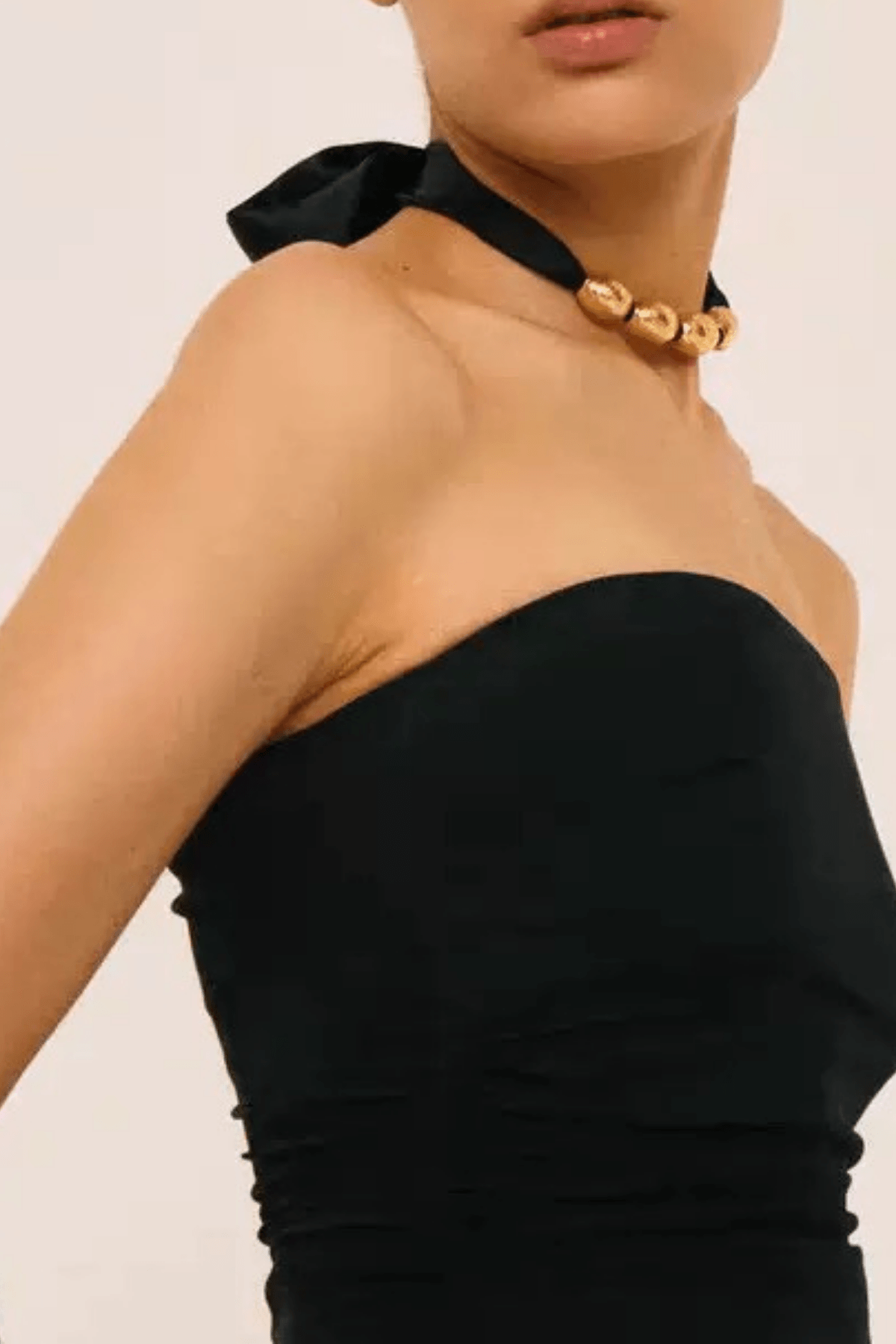 Black Ribbon Gold Bead Choker Necklace