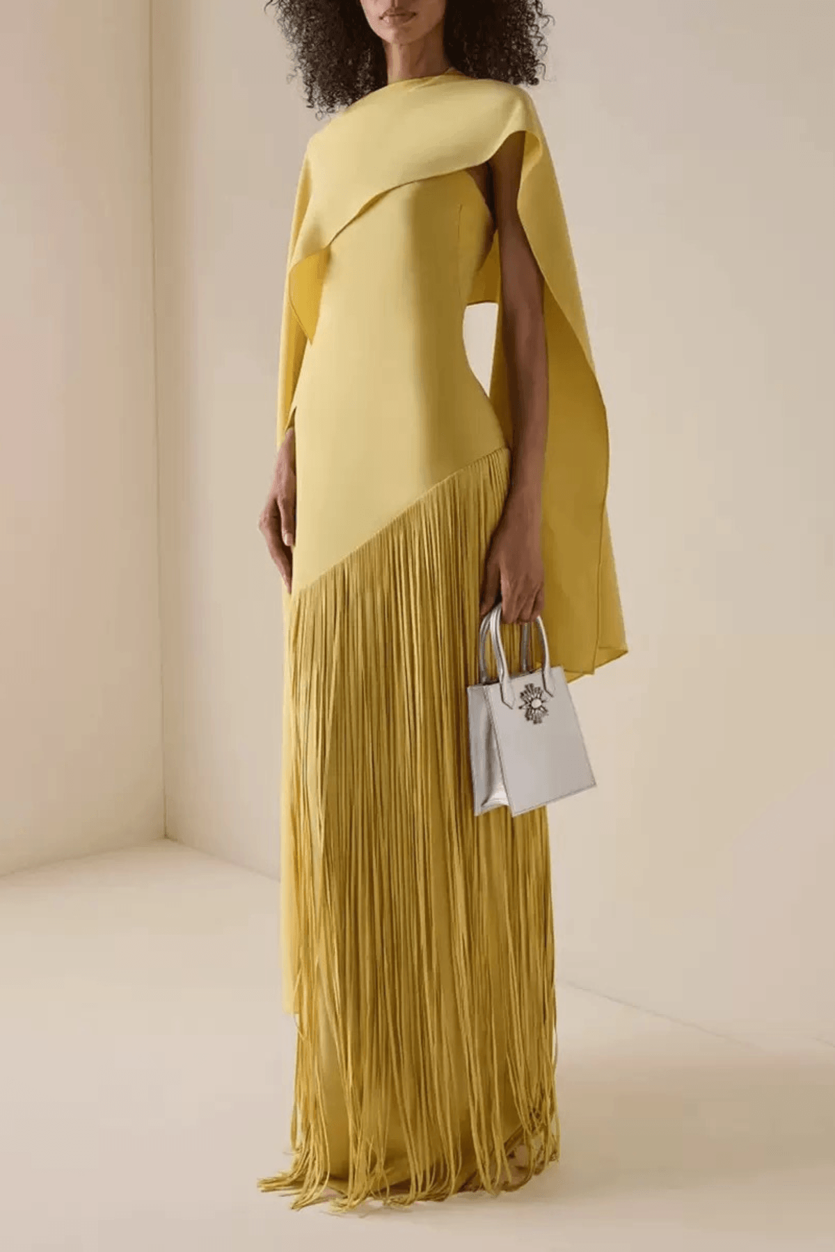 Yellow Cape Fringe Maxi Evening Gown