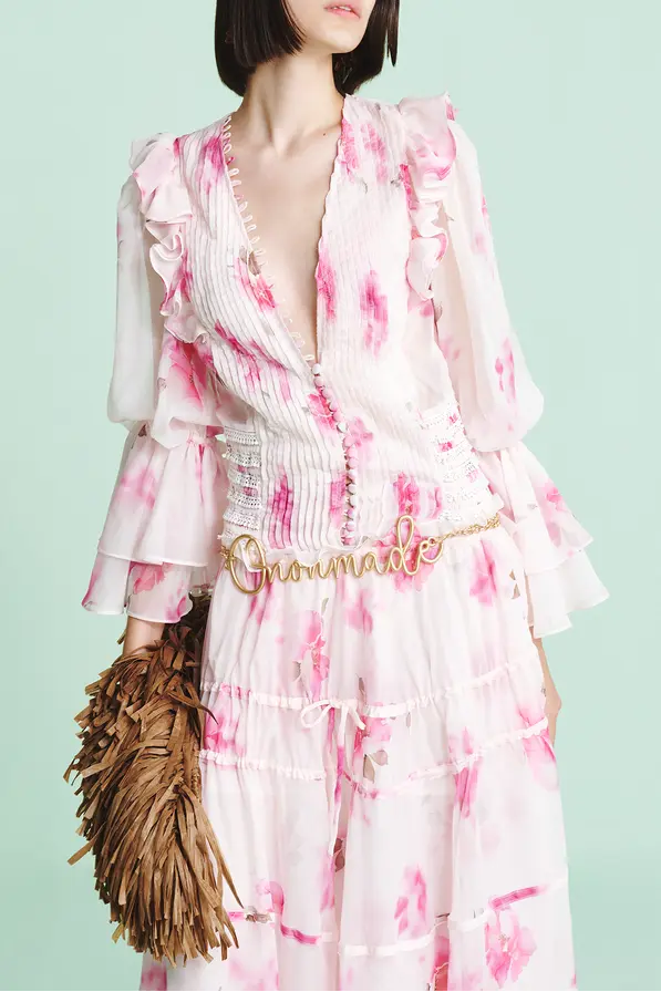 Pink V-Neck Floral Print Maxi Dress