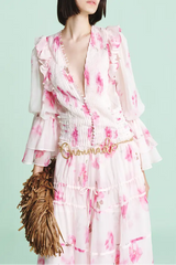 Pink V-Neck Floral Print Maxi Dress