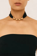 Black Ribbon Gold Bead Choker Necklace
