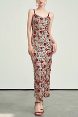 Strap Bodycon Floral Sequin Midi Dress