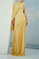 Yellow Cape Fringe Maxi Evening Gown
