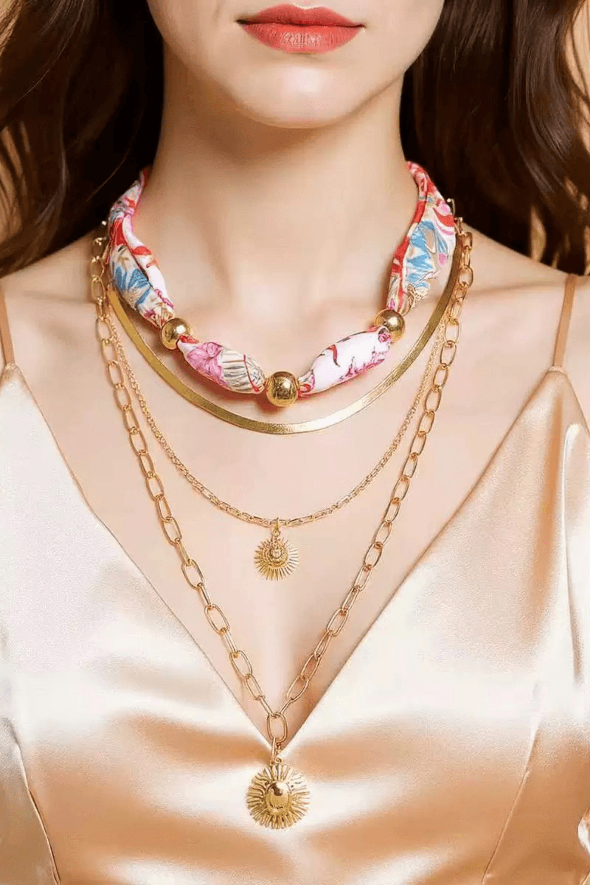 Boho Silk Scarf Sun Pendant Layered Necklace Set