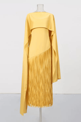 Yellow Cape Fringe Maxi Evening Gown