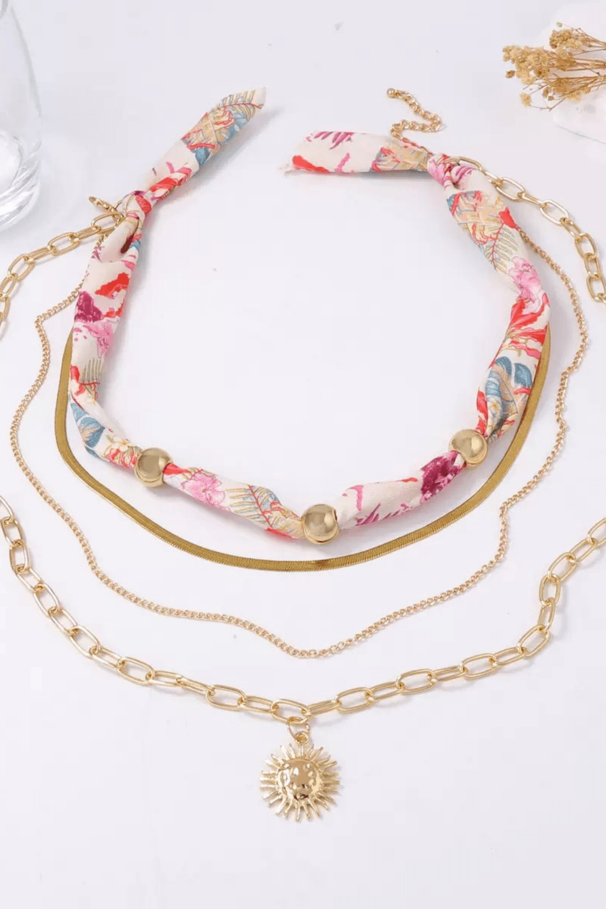 Boho Silk Scarf Sun Pendant Layered Necklace Set