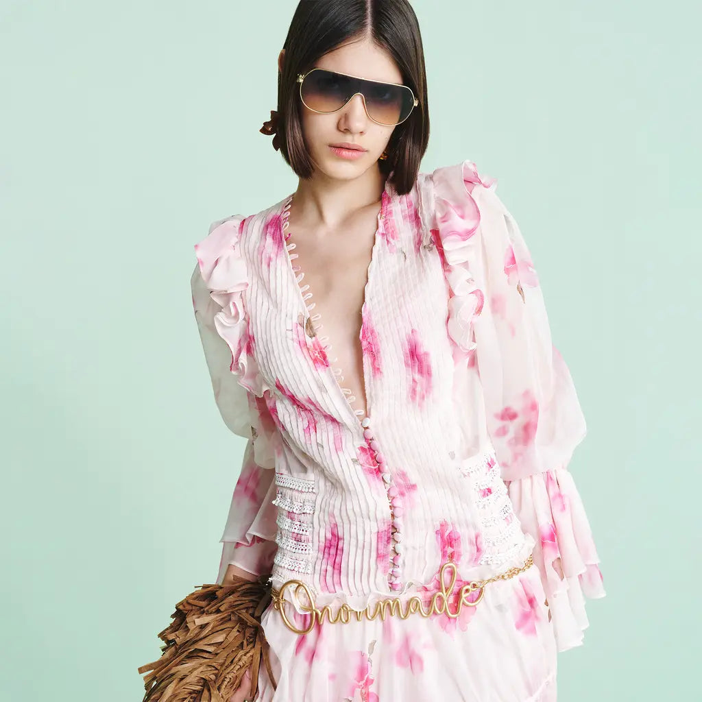 Pink V-Neck Floral Print Maxi Dress