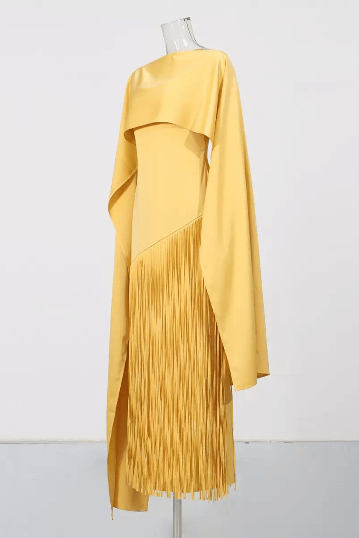 Yellow Cape Fringe Maxi Evening Gown
