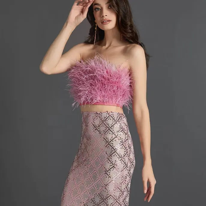 Pink Feather Top Sequin Midi Skirt Set