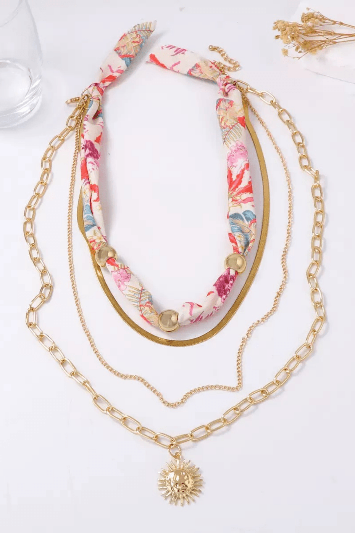 Boho Silk Scarf Sun Pendant Layered Necklace Set