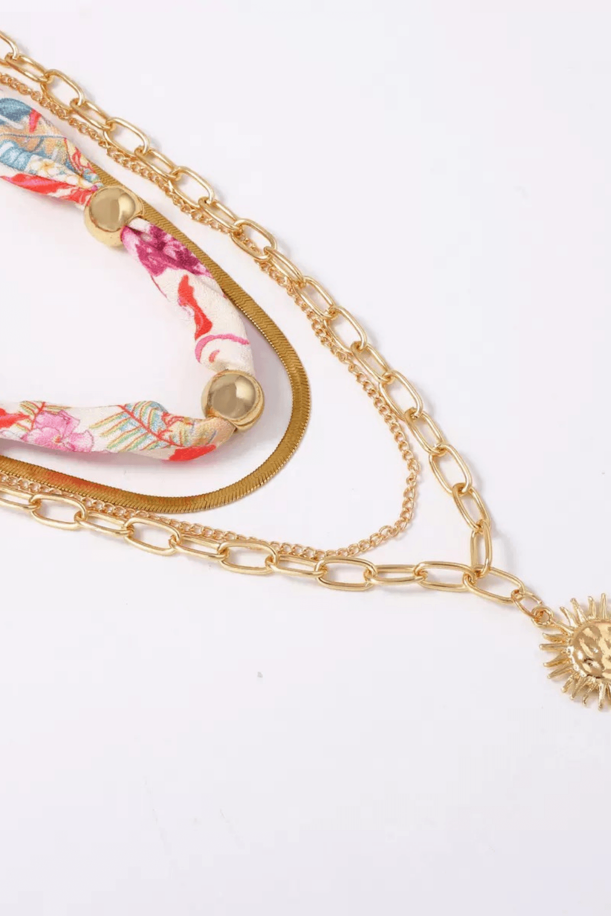 Boho Silk Scarf Sun Pendant Layered Necklace Set
