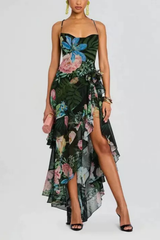Green Floral Strap Ruffle Dress
