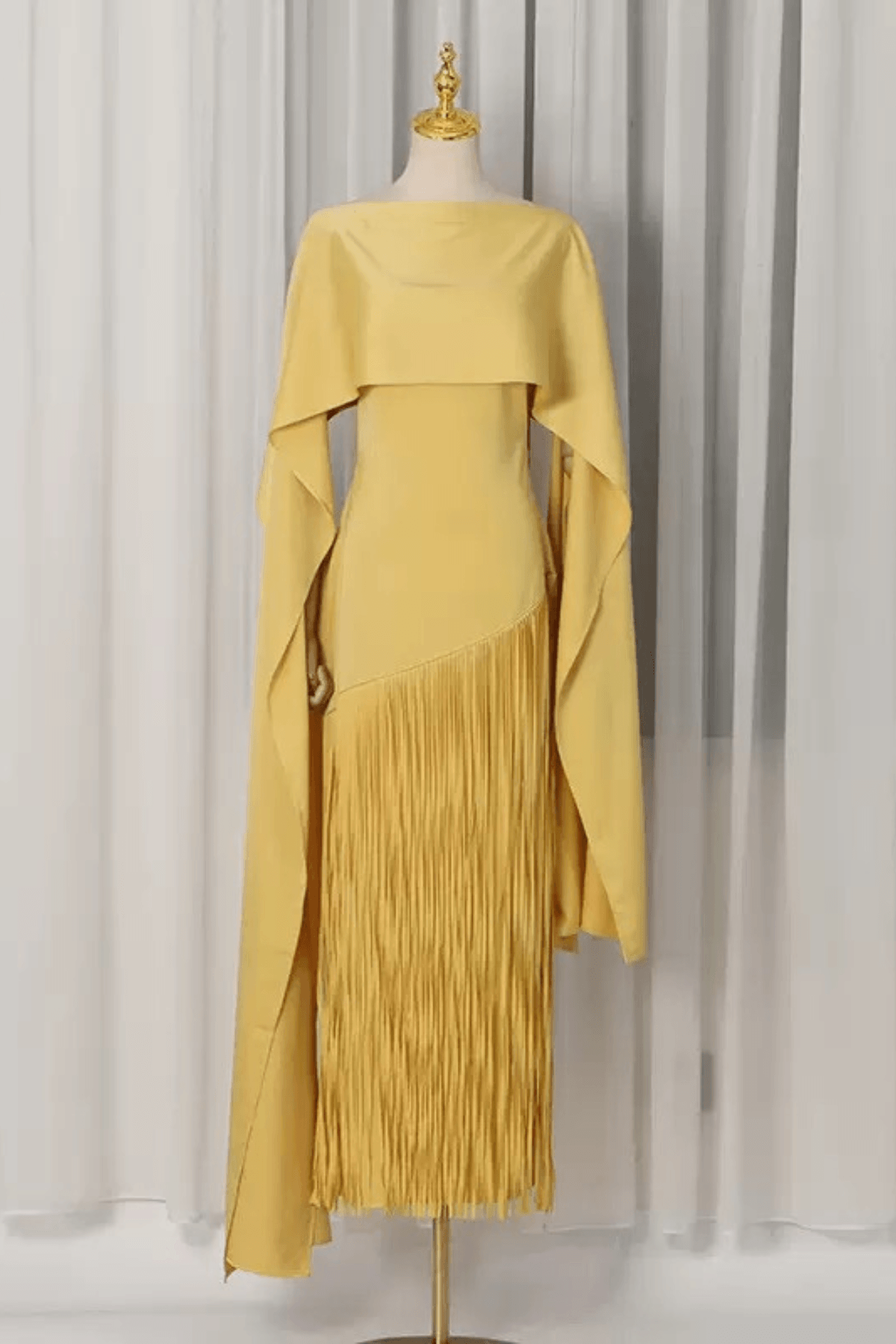 Yellow Cape Fringe Maxi Evening Gown