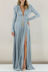 Deep V Puff Sleeve Maxi Dress in Blue